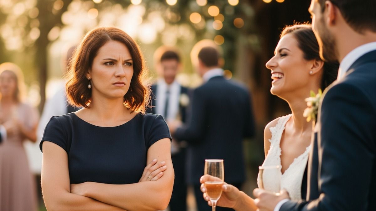 Awkward party encounter as uninvited guest glares at bridal couple from across the room. UPDATED