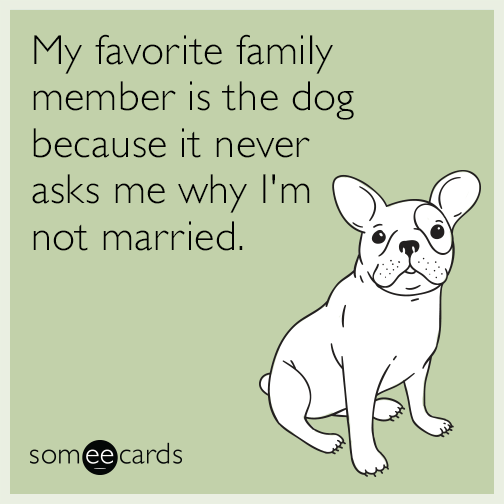 My favorite family member is the dog because it never asks me why I'm not married.