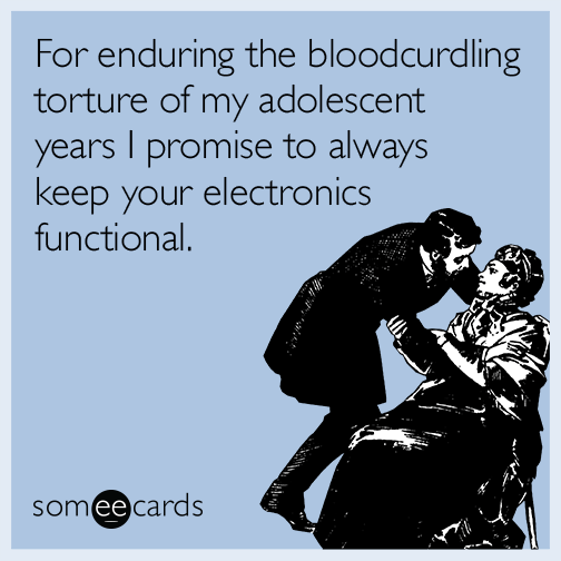 For enduring the bloodcurdling torture of my adolescent years I promise to always keep your electronics functional.