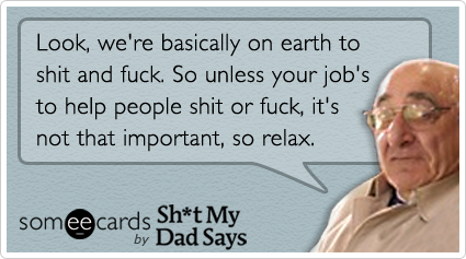 Look, we're basically on earth to shit and fuck. So unless your job's to help people shit or fuck, it's not that important, so relax.