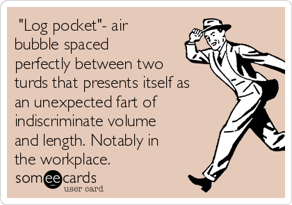  "Log pocket"- air
bubble spaced
perfectly between two
turds that presents itself as
an unexpected fart of 
indiscriminate volume
and length. Notably in
the workplace. 