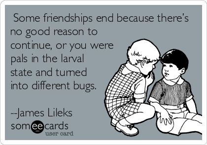  Some friendships end because there’s
no good reason to
continue, or you were
pals in the larval
state and turned
into different bugs.

--James Lileks