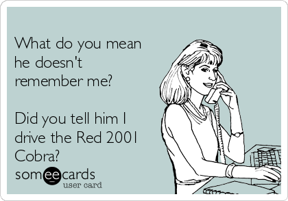         
What do you mean
he doesn't
remember me?

Did you tell him I
drive the Red 2001
Cobra? 