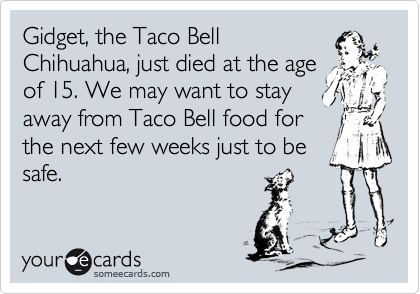 Gidget, the Taco Bell
Chihuahua, just died at the age
of 15. We may want to stay
away from Taco Bell food for
the next few weeks just to be
safe.