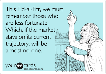 This Eid-al-Fitr, we must
remember those who
are less fortunate.
Which, if the market
stays on its current
trajectory, will be 
almost no one.
