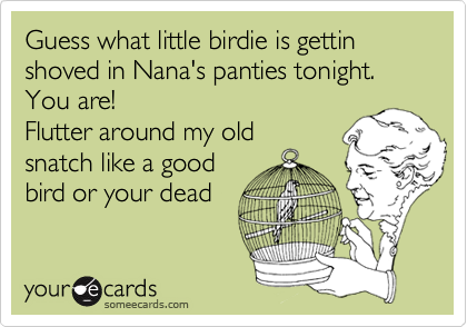 Guess what little birdie is gettin shoved in Nana's panties tonight.
You are!
Flutter around my old
snatch like a good 
bird or your dead