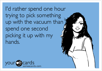 I'd rather spend one hour 
trying to pick something 
up with the vacuum than
spend one second 
picking it up with my
hands.