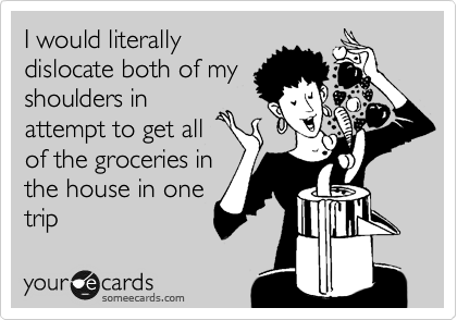 I would literally
dislocate both of my
shoulders in
attempt to get all
of the groceries in
the house in one
trip