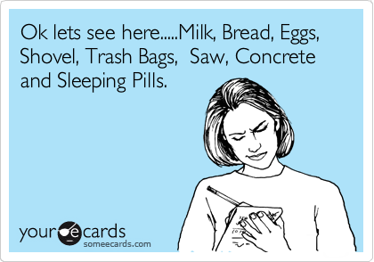 Ok lets see here.....Milk, Bread, Eggs, Shovel, Trash Bags,  Saw, Concrete and Sleeping Pills.
