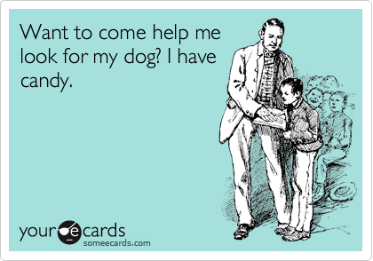 Want to come help me
look for my dog? I have
candy.