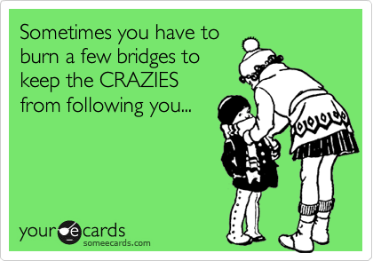 Sometimes you have to
burn a few bridges to
keep the CRAZIES
from following you...