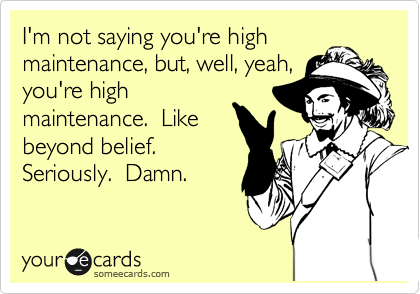 I'm not saying you're high
maintenance, but, well, yeah,
you're high
maintenance.  Like
beyond belief. 
Seriously.  Damn. 