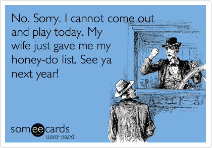 No. Sorry. I cannot come out
and play today. My
wife just gave me my
honey-do list. See ya
next year!