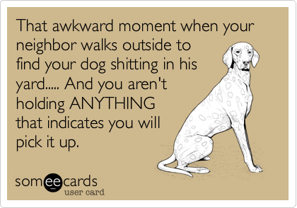 That awkward moment when your neighbor walks outside to
find your dog shitting in his
yard..... And you aren't
holding ANYTHING
that indicates you will
pick it up.