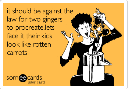 it should be against the
law for two gingers
to procreate.lets
face it their kids
look like rotten
carrots