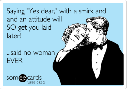 Saying "Yes dear," with a smirk and and an attitude will
SO get you laid
later!

...said no woman
EVER.
