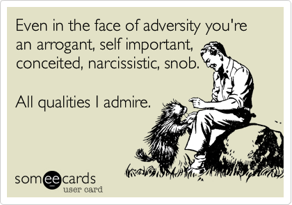 Even in the face of adversity you're an arrogant, self important,
conceited, narcissistic, snob.

All qualities I admire.