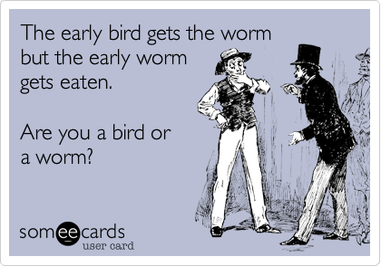 The early bird gets the worm
but the early worm
gets eaten.        

Are you a bird or 
a worm?