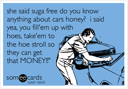 she said suga free do you know anything about cars honey?  i said yea, you fill'em up with
hoes, take'em to
the hoe stroll so
they can get
that MONEY!!" 