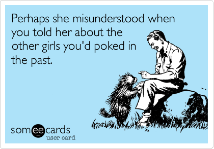 Perhaps she misunderstood when you told her about the
other girls you'd poked in
the past. 
