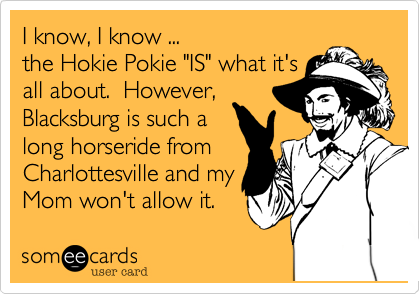 I know, I know ...
the Hokie Pokie "IS" what it's
all about.  However,
Blacksburg is such a
long horseride from
Charlottesville and my
Mom won't allow it. 