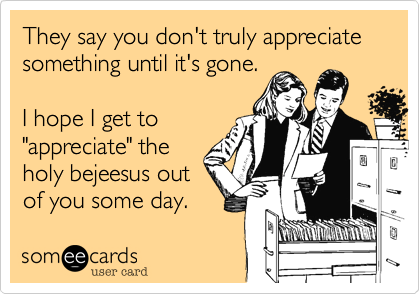 They say you don't truly appreciate
something until it's gone.

I hope I get to
"appreciate" the
holy bejeesus out
of you some day.