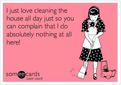I just love cleaning the
house all day just so you
can complain that I do
absolutely nothing at all
here! 