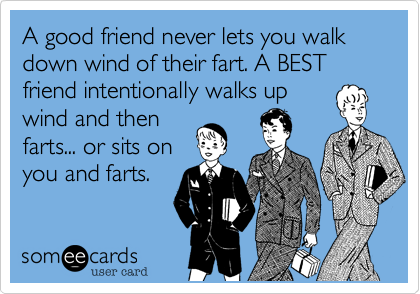 A good friend never lets you walk down wind of their fart. A BEST friend intentionally walks up
wind and then
farts... or sits on
you and farts.