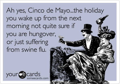 Ah yes, Cinco de Mayo...the holiday you wake up from the next
morning not quite sure if
you are hungover,
or just suffering
from swine flu.