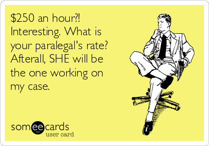 $250 an hour?!
Interesting. What is
your paralegal's rate?
Afterall, SHE will be
the one working on 
my case.