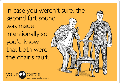 In case you weren't sure, the
second fart sound
was made
intentionally so
you'd know
that both were
the chair's fault.