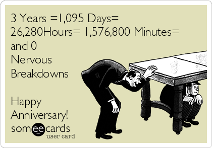 3 Years =1,095 Days=
26,280Hours= 1,576,800 Minutes=
and 0
Nervous
Breakdowns

Happy
Anniversary!