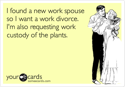 I found a new work spouse
so I want a work divorce. 
I'm also requesting work
custody of the plants.