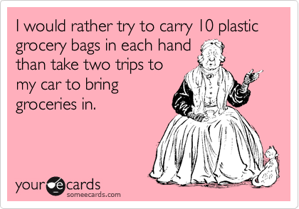 I would rather try to carry 10 plastic grocery bags in each hand
than take two trips to
my car to bring
groceries in.