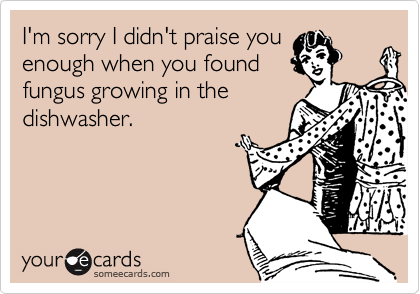 I'm sorry I didn't praise you
enough when you found
fungus growing in the
dishwasher.