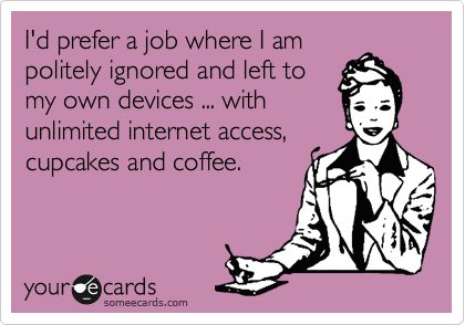 I'd prefer a job where I am
politely ignored and left to
my own devices ... with
unlimited internet access,
cupcakes and coffee.