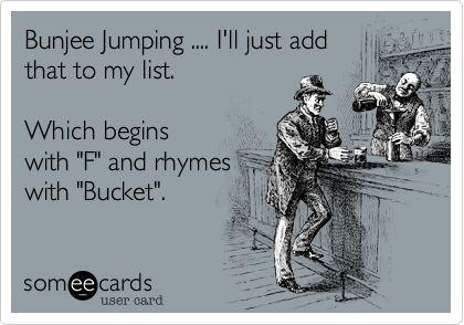 Bunjee Jumping .... I'll just add
that to my list.

Which begins
with "F" and rhymes
with "Bucket".