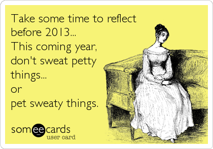 Take some time to reflect
before 2013...
This coming year, 
don't sweat petty
things... 
or
pet sweaty things.