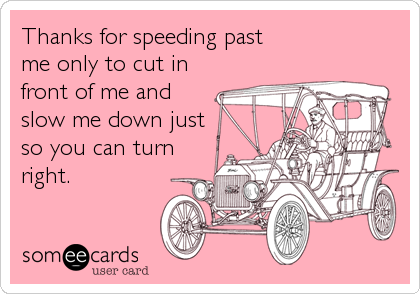 Thanks for speeding past
me only to cut in
front of me and
slow me down just
so you can turn
right.