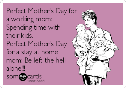 Perfect Mother's Day for
a working mom:
Spending time with
their kids.  
Perfect Mother's Day
for a stay at home
mom: Be left the hell
alone!!!
