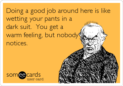 Doing a good job around here is like
wetting your pants in a
dark suit.  You get a
warm feeling, but nobody
notices.