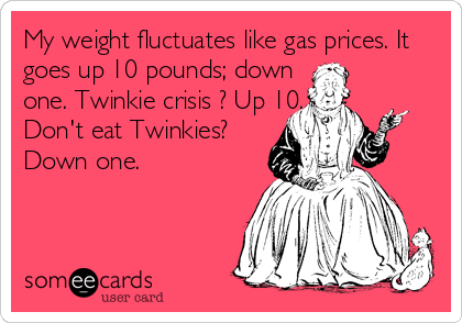 My weight fluctuates like gas prices. It
goes up 10 pounds; down 
one. Twinkie crisis ? Up 10.
Don't eat Twinkies?
Down one.