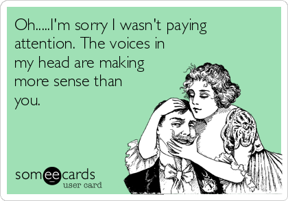 Oh.....I'm sorry I wasn't paying
attention. The voices in
my head are making
more sense than
you.