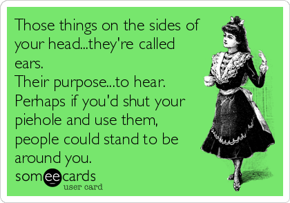 Those things on the sides of
your head...they're called
ears.
Their purpose...to hear.
Perhaps if you'd shut your
piehole and use them,
people%