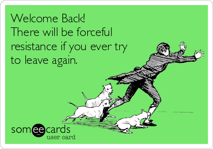 Welcome Back! 
There will be forceful
resistance if you ever try
to leave again.