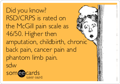 Did you know?
RSD/CRPS is rated on
the McGill pain scale as
46/50. Higher then
amputation, childbirth, chronic
back pain, cancer pain and
phantom limb pain. 
sdw