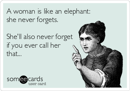 A woman is like an elephant: 
she never forgets.

She'll also never forget
if you ever call her
that...