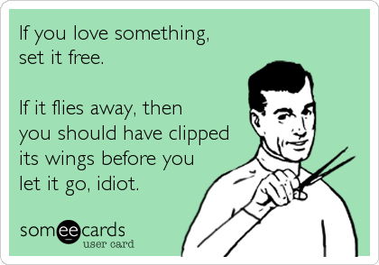 If you love something, 
set it free.

If it flies away, then 
you should have clipped
its wings before you
let it go, idiot.