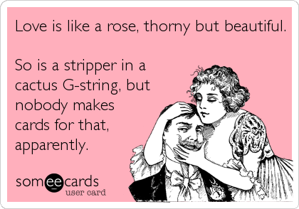 Love is like a rose, thorny but beautiful.

So is a stripper in a
cactus G-string, but
nobody makes
cards for that,
apparently.