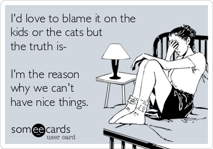 I'd love to blame it on the
kids or the cats but
the truth is-

I'm the reason
why we can't 
have nice things.